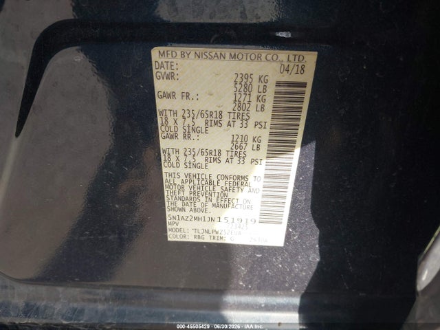 Nissan MURANO S 2018 5N1AZ2MH1JN151919 Image 9