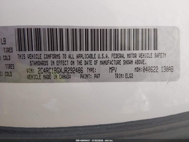 Aukcja sprzedaży 2018 Chrysler Pacifica Touring L, vin: 2C4RC1BGXJR292486, numer aukcji: 45505437