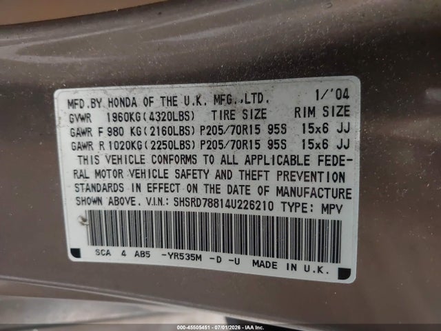 Продажа на аукционе авто 2004 Honda Cr-v Ex, vin: SHSRD78814U226210, номер лота: 45505451