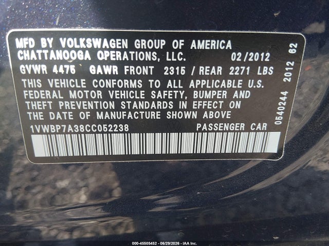 Продажа на аукционе авто 2012 Volkswagen Passat 2.5l Se, vin: 1VWBP7A38CC052238, номер лота: 45505452