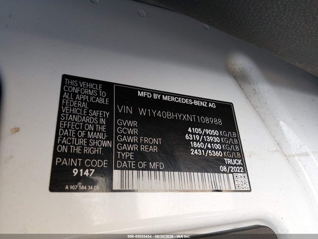 Aukcja sprzedaży 2022 Mercedes-benz Sprinter 2500 Standard Roof I4, vin: W1Y40BHYXNT108988, numer aukcji: 45505454