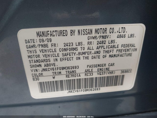 Продажа на аукционе авто 2009 Infiniti G37x, vin: JNKCV61F09M362693, номер лота: 45505460