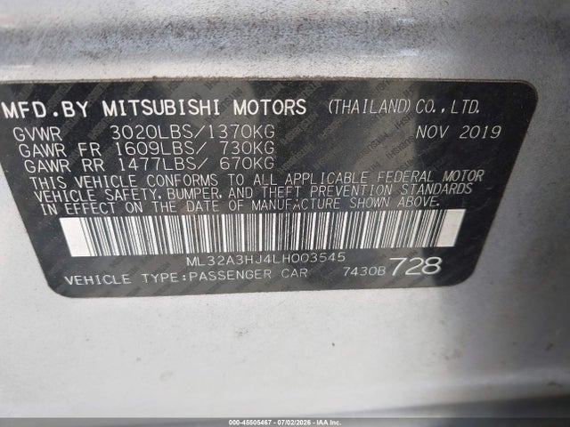 Aukcja sprzedaży 2020 Mitsubishi Mirage Es/se, vin: ML32A3HJ4LH003545, numer aukcji: 45505467