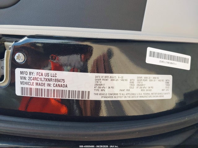 Aukcja sprzedaży 2022 Chrysler Pacifica, vin: 2C4RC1L7XNR189475, numer aukcji: 45505490