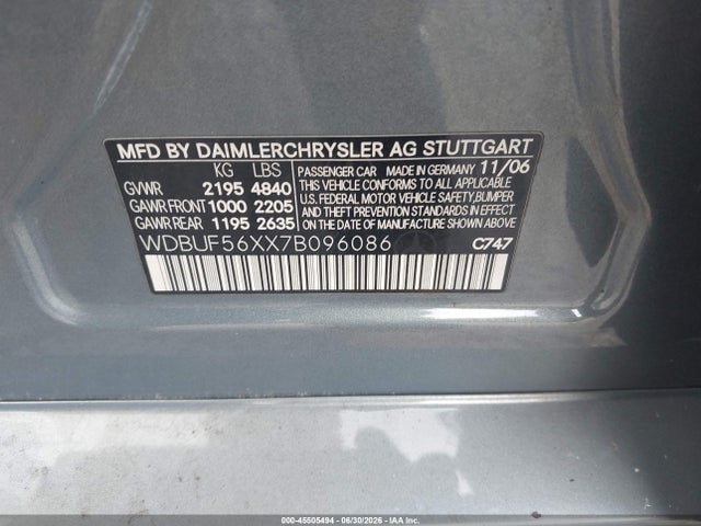 2007 Mercedes-benz E 350 მანქანა იყიდება აუქციონზე, vin: WDBUF56XX7B096086, აუქციონის ნომერი: 45505494