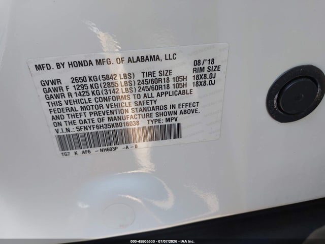 5FNYF6H35KB016038 Honda Pilot Ex