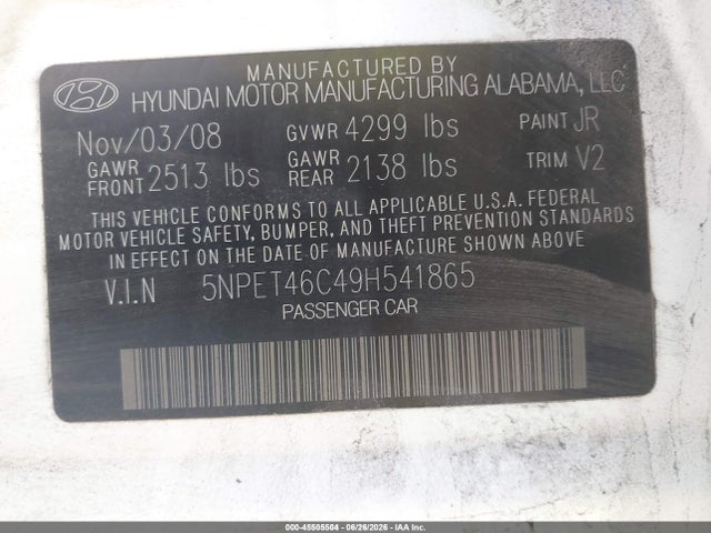 Продажа на аукционе авто 2009 Hyundai Sonata Gls, vin: 5NPET46C49H541865, номер лота: 45505504