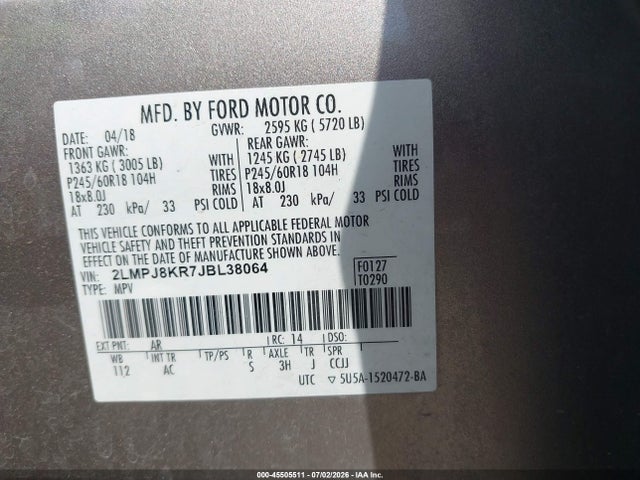 Продажа на аукционе авто 2018 Lincoln Mkx Select, vin: 2LMPJ8KR7JBL38064, номер лота: 45505511
