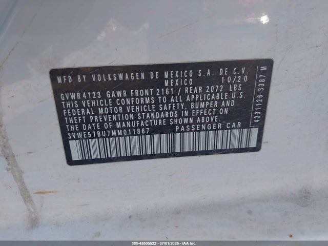 Продаж на аукціоні авто 2021 Volkswagen Jetta 1.4t Sel, vin: 3VWE57BU7MM011867, номер лоту: 45505522