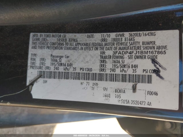 Auction sale of the 2011 Ford Fiesta Ses, vin: 3FADP4FJ1BM167865, lot number: 45505530
