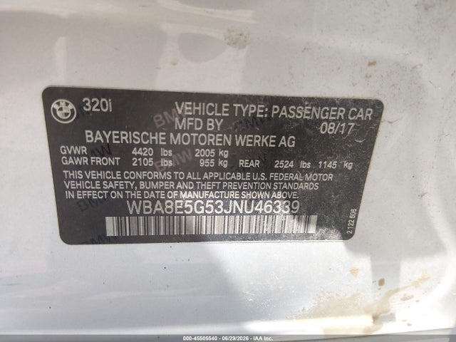 Aukcja sprzedaży 2018 Bmw 320i Xdrive, vin: WBA8E5G53JNU46339, numer aukcji: 45505540