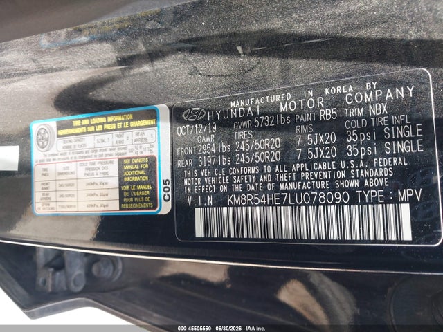 Продажа на аукционе авто 2020 Hyundai Palisade Limited, vin: KM8R54HE7LU078090, номер лота: 45505560