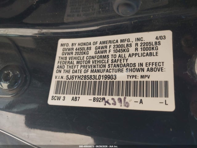 45505573 :رقم المزاد ، 5J6YH28583L019903 vin ، 2003 Honda Element Ex مزاد بيع