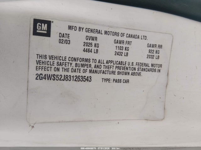 2003 Buick Century Custom მანქანა იყიდება აუქციონზე, vin: 2G4WS52J831263543, აუქციონის ნომერი: 45505579