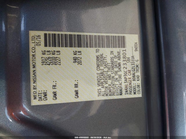 1N4AL3AP3GC233801 Nissan Altima 2.5/2.5 S/2.5 Sl/2.5 Sr/2.5 Sv