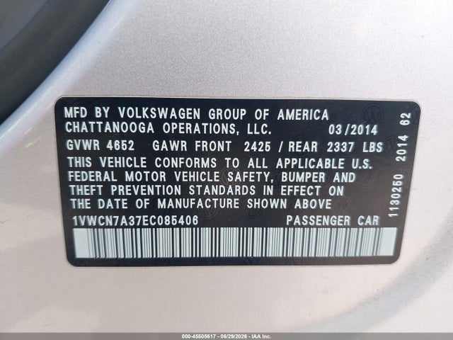 1VWCN7A37EC085406 Volkswagen Passat 2.0l Tdi Sel Premium