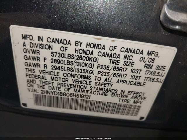 2006 Acura Mdx მანქანა იყიდება აუქციონზე, vin: 2HNYD18806H519121, აუქციონის ნომერი: 45505629