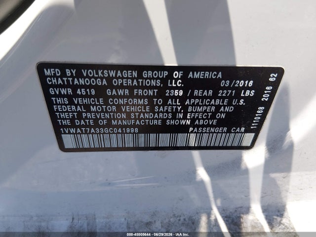 Продажа на аукционе авто 2016 Volkswagen Passat 1.8t R-line, vin: 1VWAT7A33GC041998, номер лота: 45505644