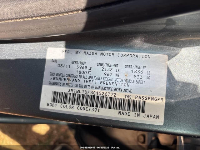 Aukcja sprzedaży 2012 Mazda Mazda3 I Sport, vin: JM1BL1UF3C1526772, numer aukcji: 45505645
