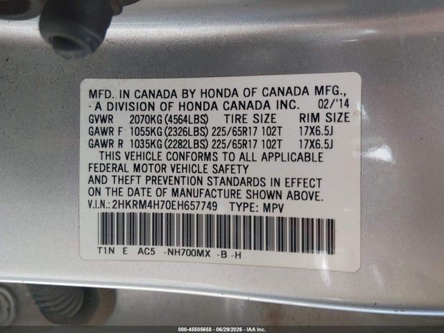 2HKRM4H70EH657749 Honda Cr-v Ex-l
