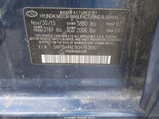 45505660 :رقم المزاد ، 5NPDH4AE9GH793890 vin ، 2016 Hyundai Elantra Se مزاد بيع
