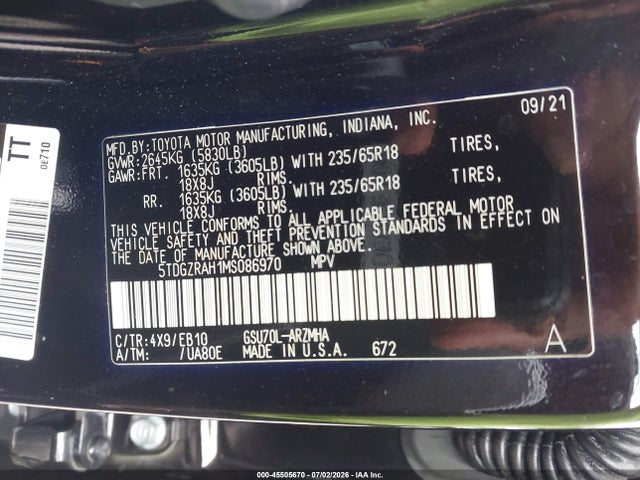 Продажа на аукционе авто 2021 Toyota Highlander Xle, vin: 5TDGZRAH1MS086970, номер лота: 45505670