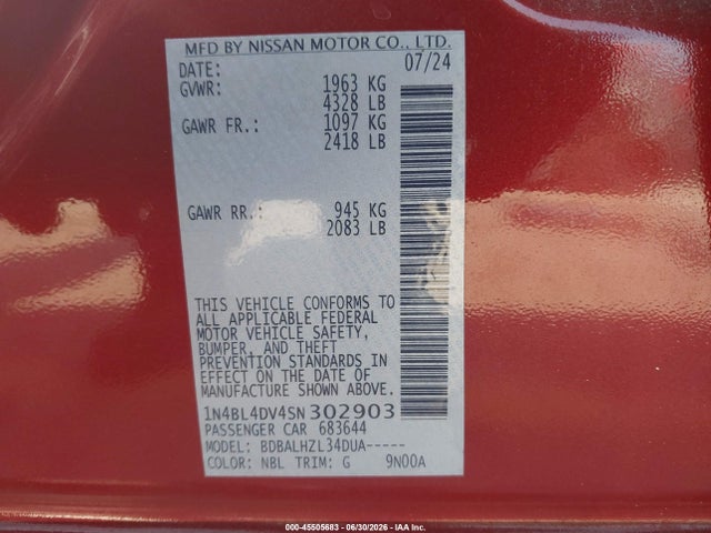 2025 Nissan Altima Sv Fwd მანქანა იყიდება აუქციონზე, vin: 1N4BL4DV4SN302903, აუქციონის ნომერი: 45505683