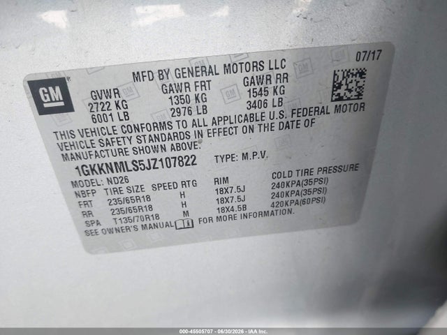 Aukcja sprzedaży 2018 Gmc Acadia Slt-1, vin: 1GKKNMLS5JZ107822, numer aukcji: 45505707