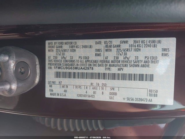 Продажа на аукционе авто 2021 Ford Escape Se, vin: 1FMCU9G63MUA42978, номер лота: 45505711