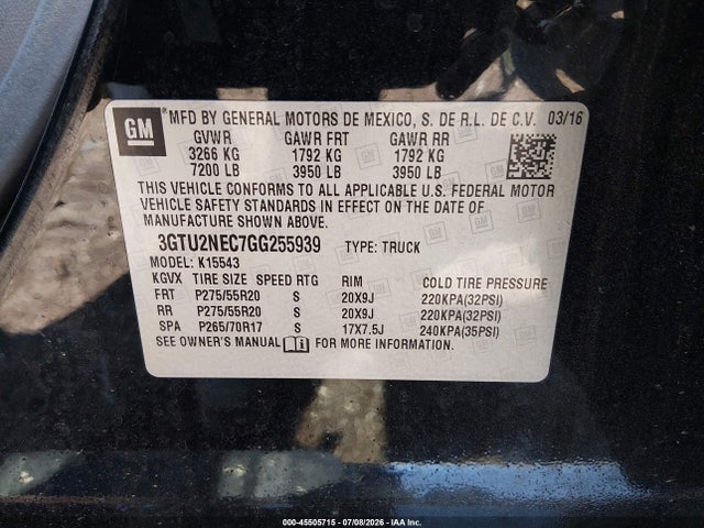 2016 Gmc Sierra 1500 Slt მანქანა იყიდება აუქციონზე, vin: 3GTU2NEC7GG255939, აუქციონის ნომერი: 45505715
