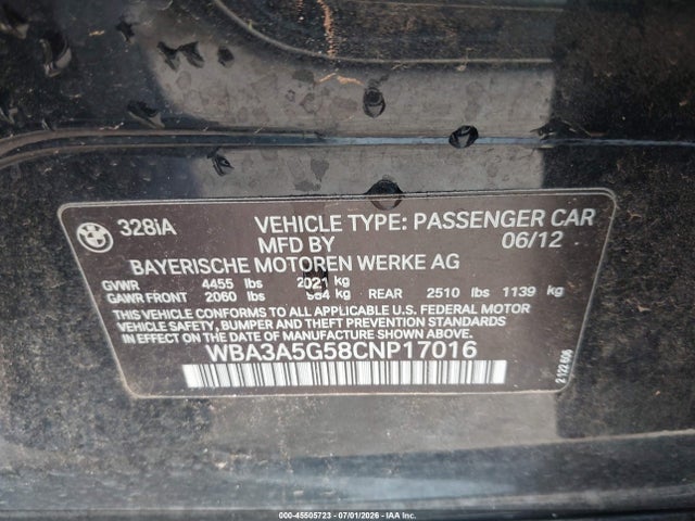 2012 Bmw 328i მანქანა იყიდება აუქციონზე, vin: WBA3A5G58CNP17016, აუქციონის ნომერი: 45505723