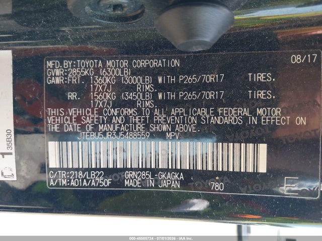 Продаж на аукціоні авто 2018 Toyota 4runner Sr5 Premium, vin: JTEBU5JR3J5488559, номер лоту: 45505724