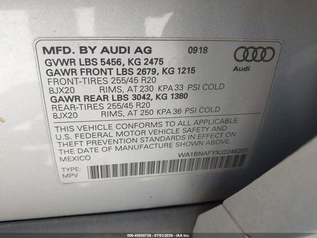 Aukcja sprzedaży 2018 Audi Q5 2.0t Premium/2.0t Tech Premium, vin: WA1BNAFYXJ2245207, numer aukcji: 45505736