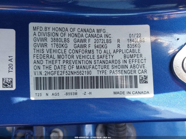 Auction sale of the 2022 Honda Civic Sport, vin: 2HGFE2F52NH562190, lot number: 45505758