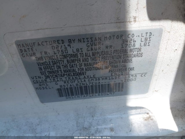 Aukcja sprzedaży 2019 Nissan Versa 1.6 Sv, vin: 3N1CN7AP1KL850697, numer aukcji: 45505784