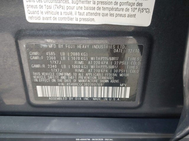 Продажа на аукционе авто 2011 Subaru Outback 2.5i Premium, vin: 4S4BRCGC3B3380769, номер лота: 45505796