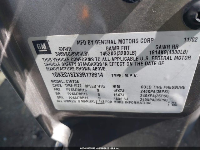Aukcja sprzedaży 2003 Gmc Yukon Slt, vin: 1GKEC13ZX3R178614, numer aukcji: 45505809