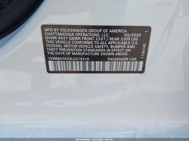 Aukcja sprzedaży 2020 Volkswagen Passat 2.0t R-line, vin: 1VWMA7A33LC019318, numer aukcji: 45505820
