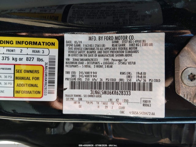45505828 :رقم المزاد ، 3LN6L5MU6KR628333 vin ، 2019 Lincoln Mkz Hybrid Reserve Ii مزاد بيع