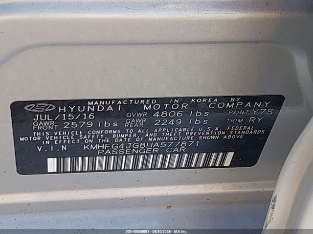 2017 Hyundai Azera მანქანა იყიდება აუქციონზე, vin: KMHFG4JG8HA577871, აუქციონის ნომერი: 45505851