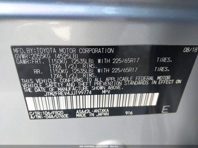 Aukcja sprzedaży 2018 Toyota Rav4 Le, vin: JTMZFREV4JJ199774, numer aukcji: 45505862