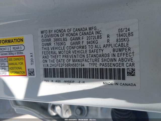 2HGFE2F58RH583194 Honda Civic Sport