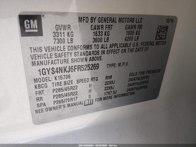 Aukcja sprzedaży 2015 Cadillac Escalade Premium, vin: 1GYS4NKJ6FR525269, numer aukcji: 45505864