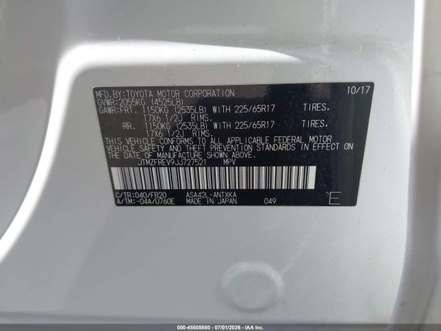Aukcja sprzedaży 2018 Toyota Rav4 Le, vin: JTMZFREV9JJ727521, numer aukcji: 45505880