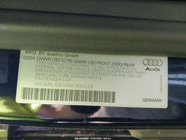 45505889 :رقم المزاد ، WUARL48H44K900526 vin ، 2004 Audi S4 مزاد بيع