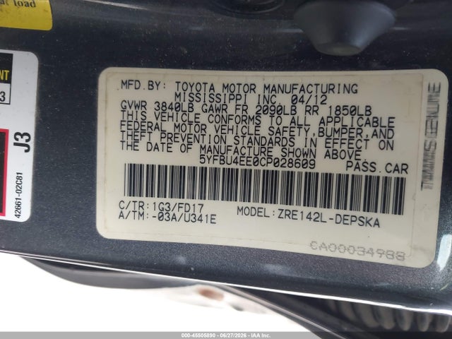 2012 Toyota Corolla S მანქანა იყიდება აუქციონზე, vin: 5YFBU4EE0CP028609, აუქციონის ნომერი: 45505890