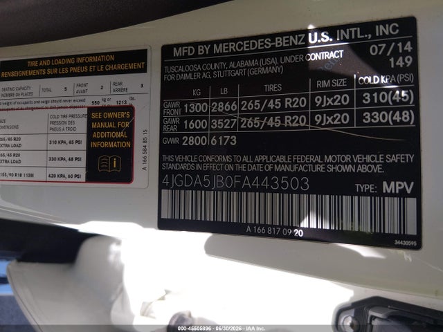4JGDA5JB0FA443503 Mercedes-Benz ML 350