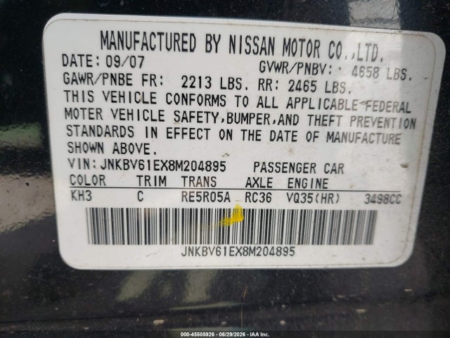 Продаж на аукціоні авто 2008 Infiniti G35 Journey, vin: JNKBV61EX8M204895, номер лоту: 45505926
