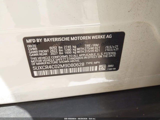 45505934 :رقم المزاد ، 5UXCR4C02M9D80628 vin ، 2021 Bmw X5 Sdrive40i مزاد بيع