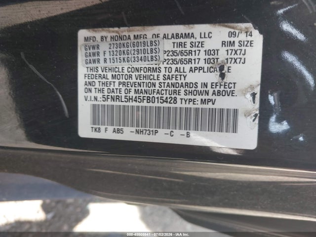 Aukcja sprzedaży 2015 Honda Odyssey Ex, vin: 5FNRL5H45FB015428, numer aukcji: 45505941